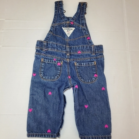 OshKosh B'Gosh Denim Overalls Embroidered Hearts Blue Pink Size 6 M - Picture 5 of 7